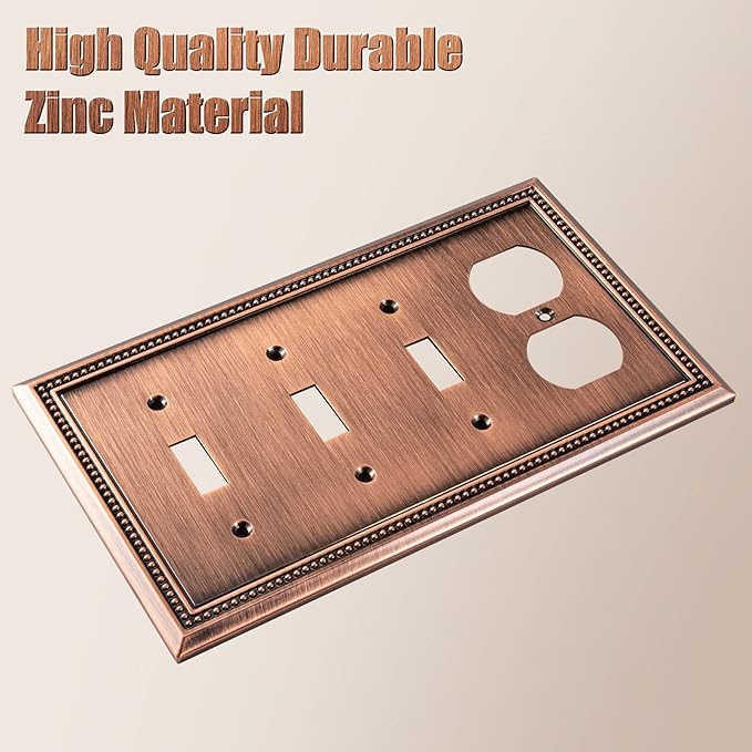 Henne Bery Sunken Pearls Heavy Duty Decorative Wall Plate Switch Plate Outlet Cover (Triple Toggle/Single Duplex, Antique Copper)