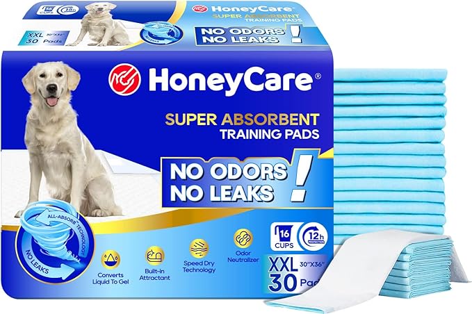 HONEY CARE All-Absorb, XXL 30"x36", 30 Count, Dog and Puppy Training Pads, Ultra Absorbent and Odor Eliminating, Leak-Proof 5-Layer Potty Training Pads with Quick-Dry Surface, Blue, A39