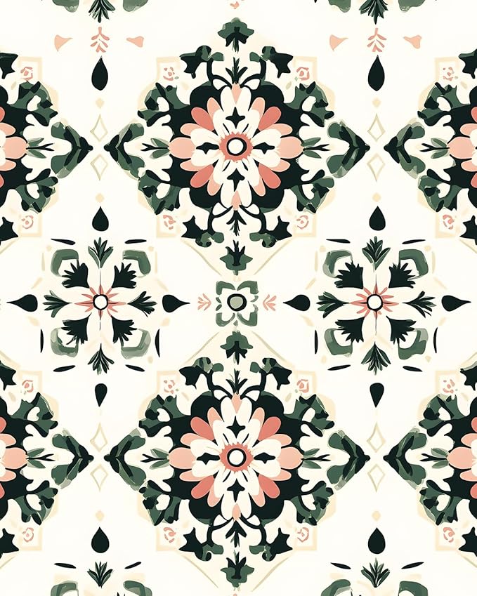 BOKEBEVE Boho Floral Peel and Stick Wallpaper Beige Green 17.5 x 118In | Symmetry Contact Paper Modern Wall Paper for Bedroom Accent Walls Laundry Nursery Pantry Renter Friendly Removable