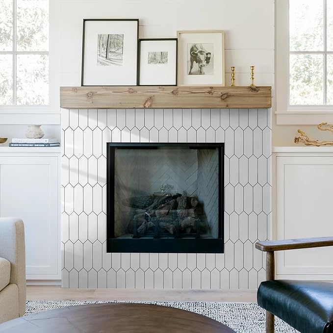 Vamos Tile 1 Sheet Glossy White Backsplash Tile Peel and Stick, 12.8 x 12.8 Inch Long Hexagon PVC Self Adhesive Mosaic Wall Tiles with Dark Gray Grout Stick on Backsplash for Kitchen and Bathroom