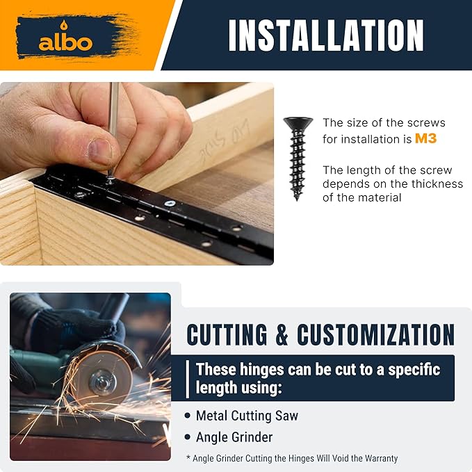 ALBO 20 Inch Black Heavy Duty Piano Hinge Continuous Stainless Steel 304 (2-Pack), Surface Mount Cabinet Hinges Matte Black 20"x2" for Server Rack, Display Case & Workshop Bench, Rustproof