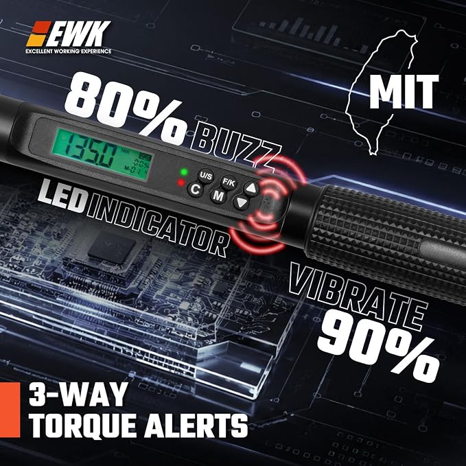 3/8 Inch Drive Digital Torque Wrench 5-100 ft-lbs (6.8-135 Nm) | IS0 6789, ±1.5% clockwise / ±2.5% counterclockwise, LCD Display, LED Buzzer Vibration Alert, 30 Memory Values