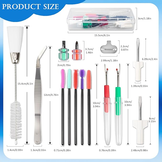 15PCS Sewing Machine Cleaning Kit, Including Screwdriver, Tweezers, Double Headed Brush, Silicone Brush, Rippers and Storage Case for Repairing and Cleaning Sewing Machines Tools