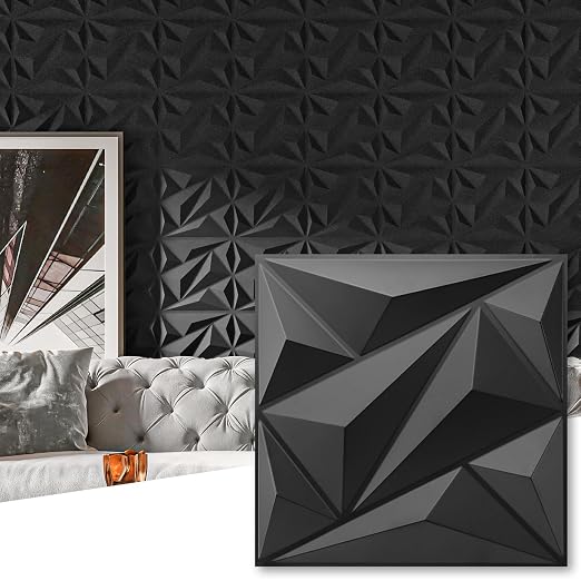 100 Pack 3D Wall Panels Diamond, Black, 12''x12'' | PVC Accent Wall Panels for Interior Wall Decor, Living Room Lobby Bedroom Hotel Office