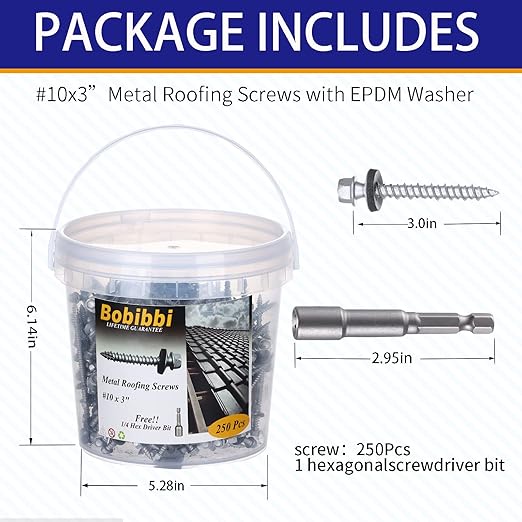 Metal Roofing Screws 10 x 3 inch, Hex Head Sheet Metal Roof Screw with EPDM Washer for Corrugated Roofing (250Pcs)
