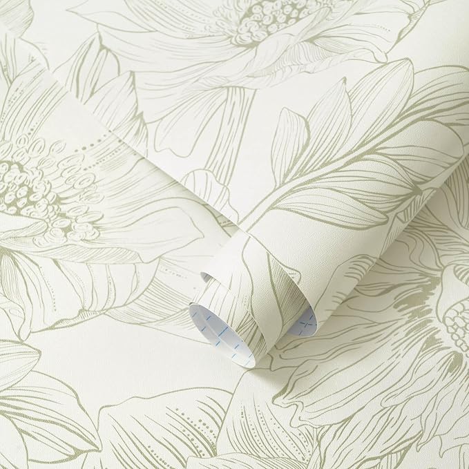 Ismoon Vintage Floral Wallpaper Peel and Stick Beige and Green Contact Paper 17.3inx32.75ft Removable Self Adhesive Wall Paper for Bathroom Bedroom Cabinet Mural Wall Decor Vinyl Renter Friendly