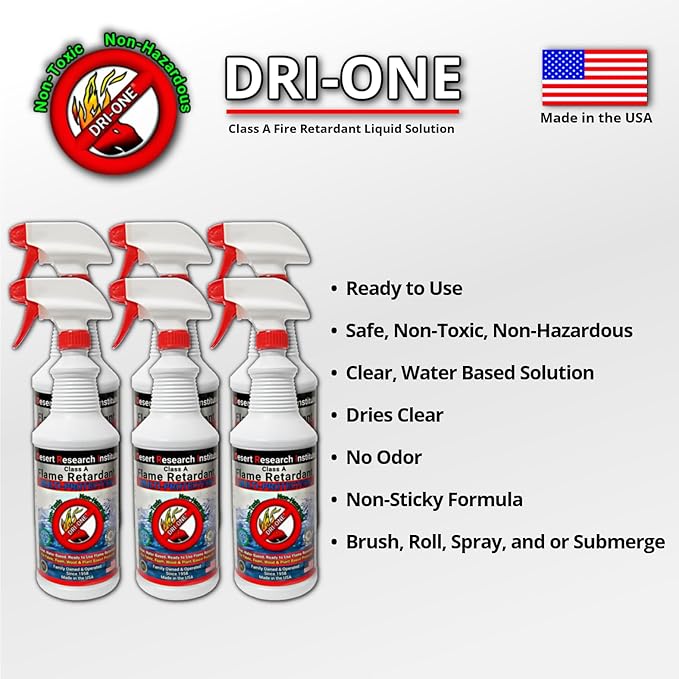 Fire Retardant Spray Liquid Solution (Class A for Natural Textiles, Raw Wood, Absorbent Materials & More) Eco-Safe, Non Toxic, C.A.C. Title-19, ASTM E84, DRI-ONE