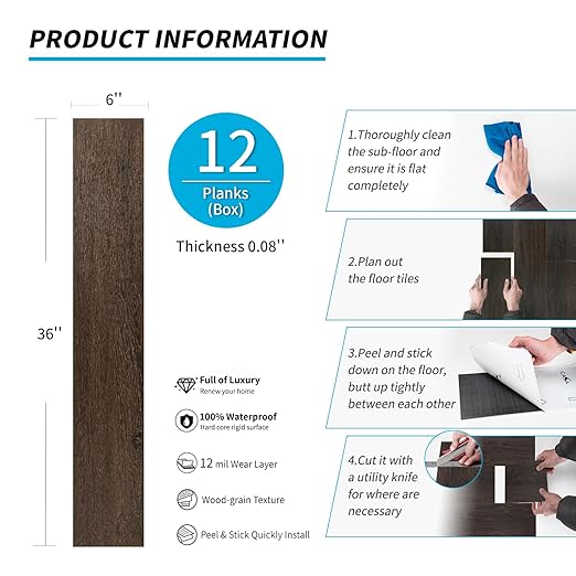 Art3d Peel and Stick Floor Tile Vinyl Wood Plank 12-Pack 18 Sq.Ft, Brown Stone, Rigid Surface Hard Core Easy DIY Self-Adhesive Flooring