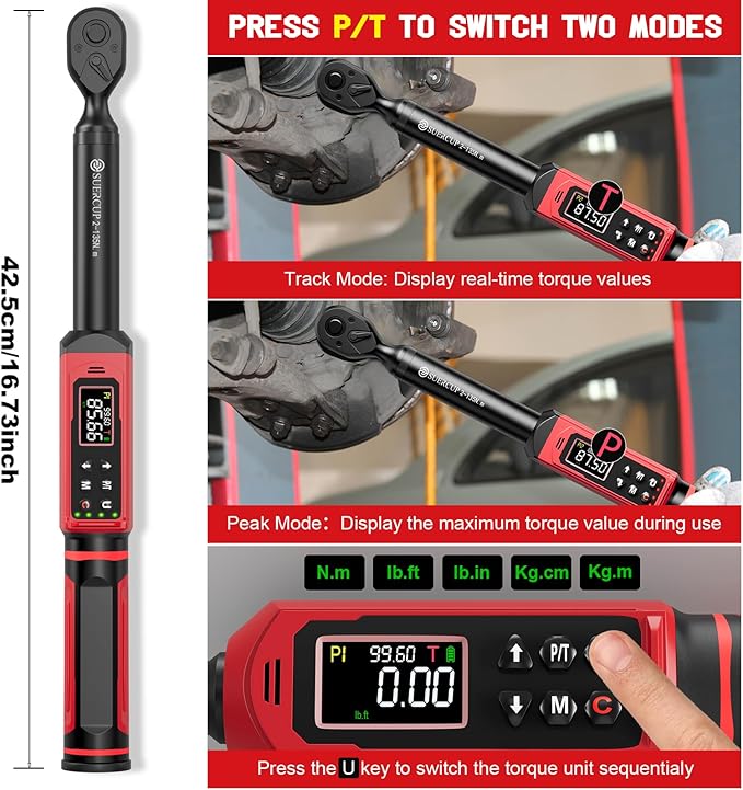 3/8" Digital Torque Wrench, 1.5-99.6Ft.Lb, for Cars, Moto, Bikes | ±1% Accuracy, 2-135Nm Electronic Torque Wrench, Vibration/Buzzer/LED, 9 Presets & 5 Units, Spark Plugs, Engine & Suspension