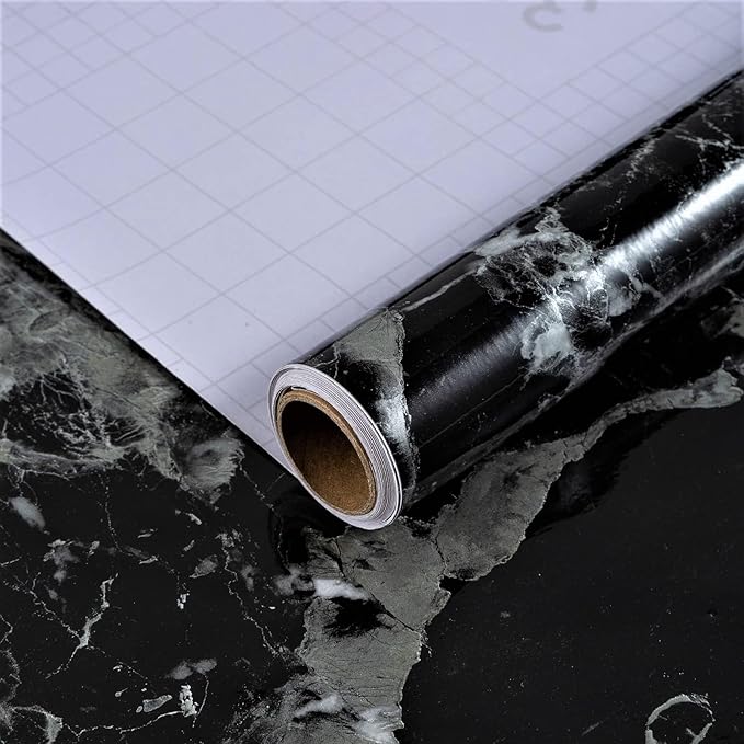 Black Marble Contact Paper for Countertop 24x354 inch Glossy Marble Peel and Stick Wallpaper Waterproof Removable Self-Adhesive Granite Vinyl Wrap for Kitchen Bathroom Table Wall Covering