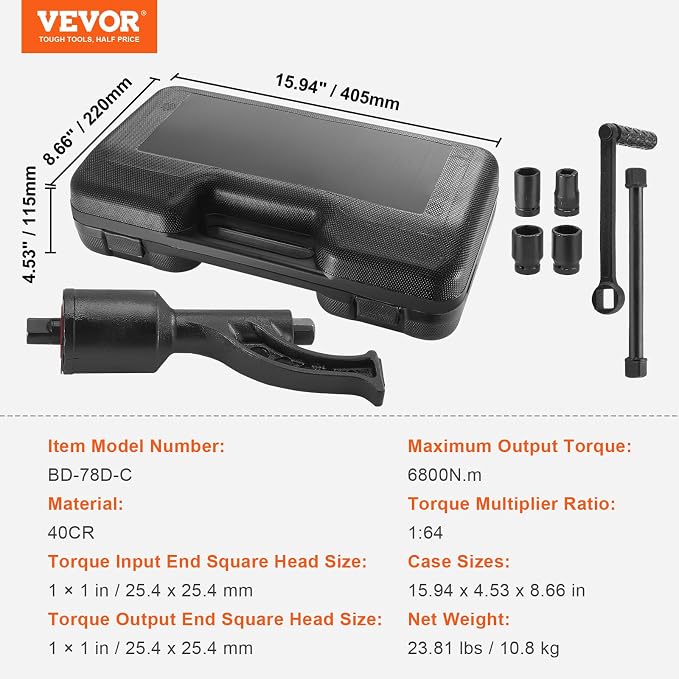 VEVOR Torque Multiplier, 1 Inch Drive Lug Nut Wrench/Multiplier Heavy Duty Torque Multiplier Wrench Set, 1:64 6,800N.m Lug Nut Remover, Includes 4 Sockets (21-41mm) and Storage Case