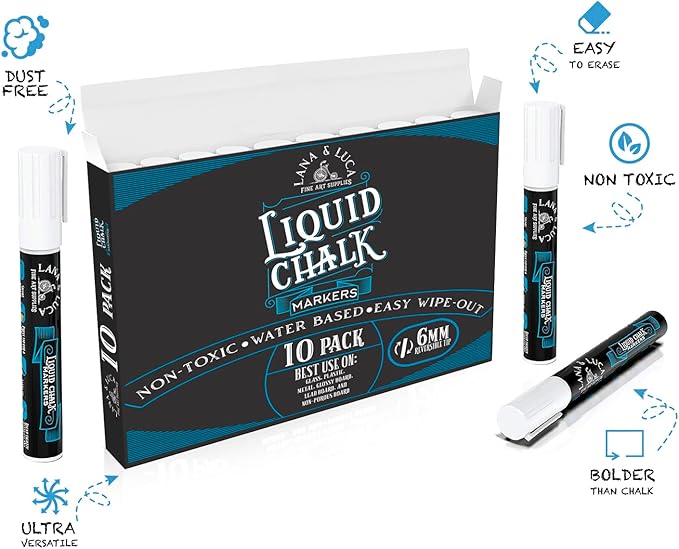 LANA & LUCA Liquid Chalk Marker Pen - White Dry Erase Marker - Chalkboard Markers for Signs, Windows, Blackboard, Glass - Reversible Tip (6mm, 20 Pack)