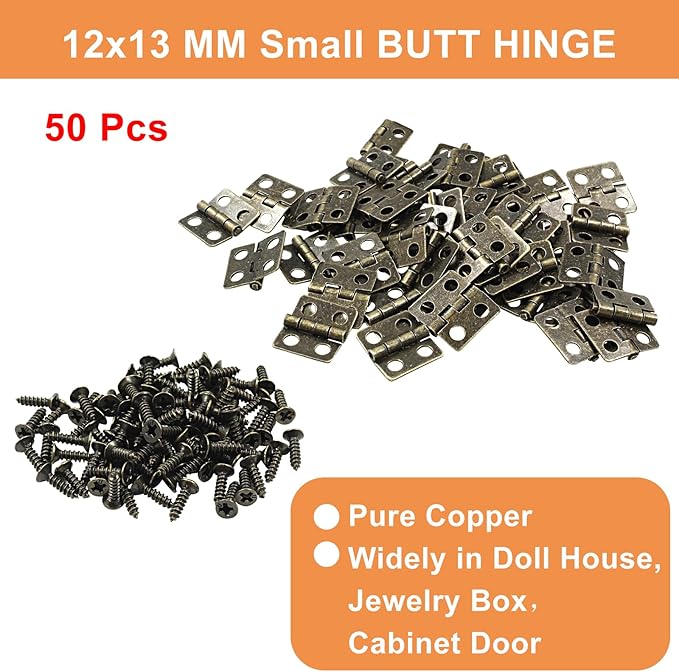 50 Pcs Small Mini Hinges, 0.47"x0.51", Antique Bronze Butt Hinges with Storage Box for Mini Cabinet, Jewelry, Wooden Box
