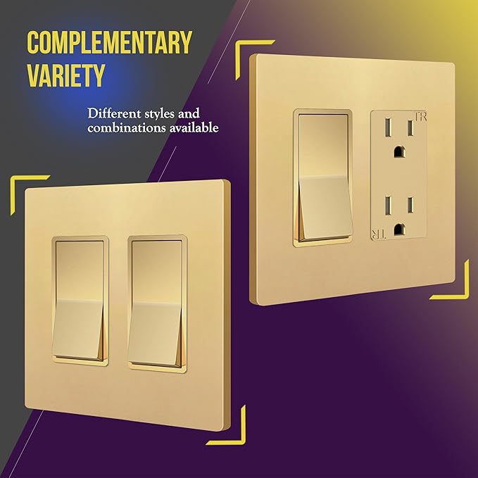 ENERLITES Elite Series Screwless Decorator Wall Plate Child Safe Outlet Cover, Gloss Finish, Size 2-Gang 4.68" H x 4.73" L, Unbreakable Polycarbonate Thermoplastic, SI8832-GD, Gold