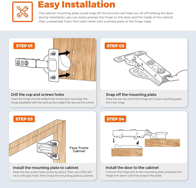JOY DECOR Full Overlay 50 Packs (25 Pairs) Concealed Kitchen Cabinet Hinges 105 Degree Soft Close Adjustable Cabinet Door Hinges for Face Frame Cabinet