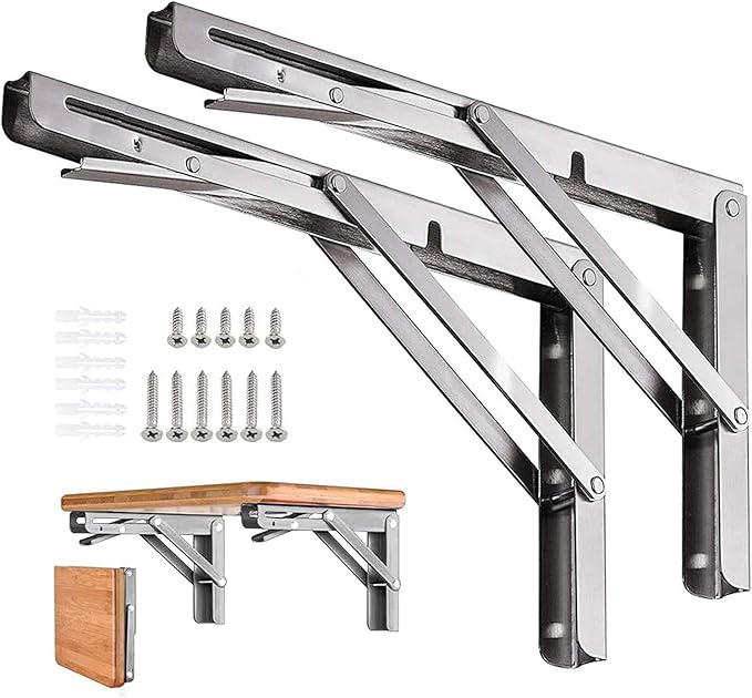 Folding Shelf Brackets 14 inch 2 Pcs Max. Load 330lb - Heavy Duty Stainless Steel DIY Wall Mounted Collapsible Shelf Bracket, Space Saving for Garage Workstation, Stuff Supports, Table, Workbench