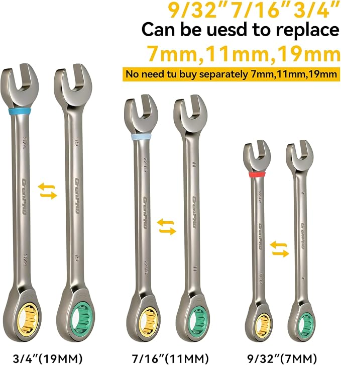 GRENPRO 23PCS Ratcheting Wrench Set SAE Metric Combination Mechanic Tools | 1/4"-3/4"&6-18MM Bolt Gauge, Gray Nickel CR-V 72-Tooth 5-Degree Swing 12Pt Color Rings, Roll Pouch for Auto & Home Repair