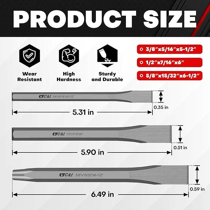 C&T 3-Piece Heavy Duty All Purpose Cold Chisels Kit, 3/8, 1/2, 5/8 in, for Carpentry, Metalwork, Woodwork & Masonry work