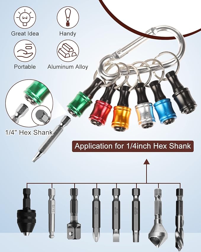katerk 6 pcs 1/4 inch Hex Shank Aluminum Alloy Screwdriver Bits Holder, Light-weight Quick-change Extension Bar Keychain Drill Screw Adapter Change Portable (With Silver Carabiner)