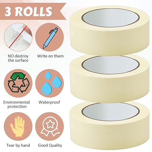 Fainne 3 Rolls Masking Tape Bulk General Purpose Masking Painting Tape 55 Yards for Painting Home Office School Stationery Arts Crafts Basic Use, Easy Removal (1.88 Inch)