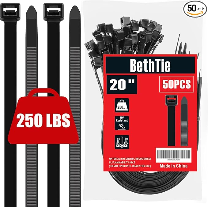 BethTie 20 Inch Black Long Zip Ties Heavy Duty 50 Pack, 250 LBS Ultra Strong Plastic Wire Ties, Large Cable Ties Extra Long Tie Wraps For Indoor and Outdoor Use
