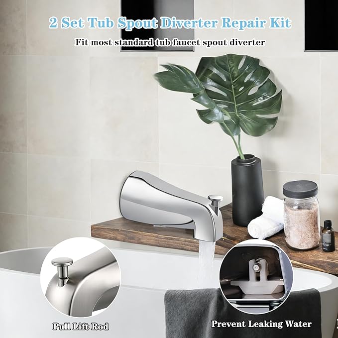 2 Set Tub Spout Diverter Repair Kit, Includes 2 x Diverter Valve Stems, 2 x Cup Seals and 2 x Gates, Bathroom Shower Bathtub Leaky Faucet Repair Replacement Parts (Chrome,Classic)