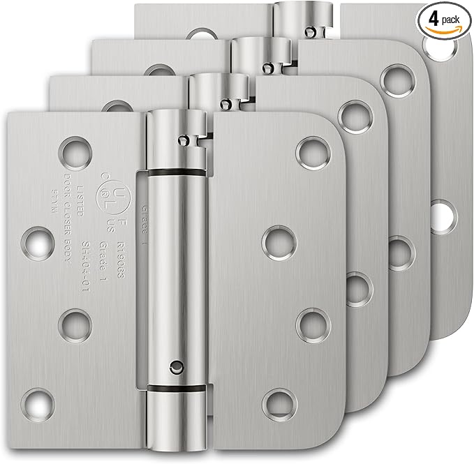 Luxbaro 4 Pack Self Closing Door Hinges, 4 Inch Spring Loaded Hinges with Square & 5/8'' Radius Corners, Adjustable Tension for Garage, Front Door, for Left and Right Hand Door, UL Listed