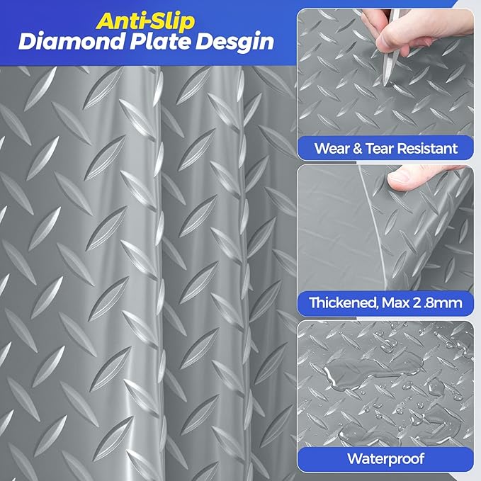 8x21 FT Garage Floor Mat, 2.8mm Thickened Garage Flooring Heavy Duty Rubber Garage Floor Mats for Under Car, Diamond Plate Garage Mat for Garage, Workshop, Enclosed Trailer