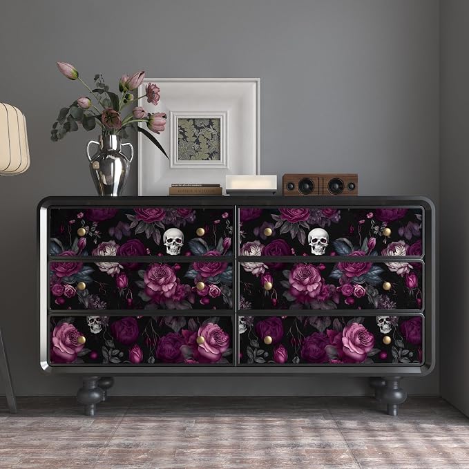 ILHIIOR Black Floral Gothic Peel and Stick Wallpaper 17.5 x 393 Inches | Leaf Removable Self Adhesive Waterproof Contact Paper, Renter Friendly Decor for Cabinets, Drawers & Bedroom Walls