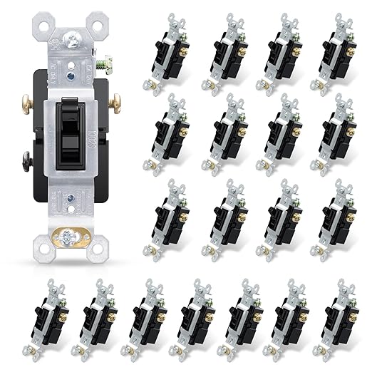ELEGRP 3 Way Toggle Light Switch, 15 Amp, 120 V, Toggle Framed AC Quiet Switch, in Wall On/Off Switch Replacement, Self-Grounding, Residential and Commercial Grade, UL Listed (20 Pack, Glossy Black)