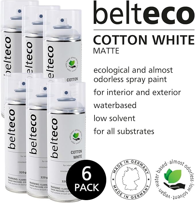 Cotton White Matte Spray Paint - 6 pack | Water based & Odorless | Eco-Friendly & Vegan | Weather & UV-Resistant | For all Substrates | Fast Drying with High Coverage | For Indoor/Outdoor Use