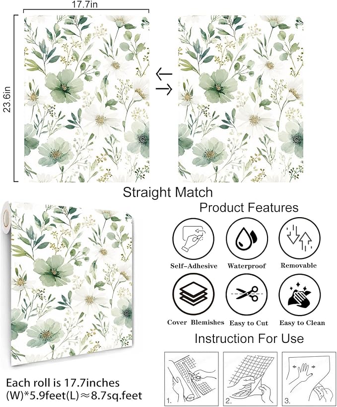 Sage Green Floral Peel and Stick Wallpaper 17.7" x 70.8" | Thick removable watercolor natural flower design for renters and bedroom accent walls