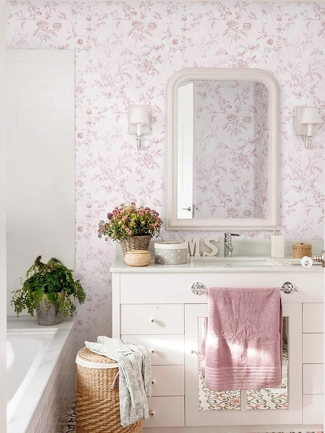 Ismoon Peel and Stick Wallpaper Floral Pink Stick on Wall Paper Vintage French Contact Paper for Cabinet Textured Removable Self Adhesive Wallpaper Vinyl Roll Shelf Deco, 17.3x78.7in
