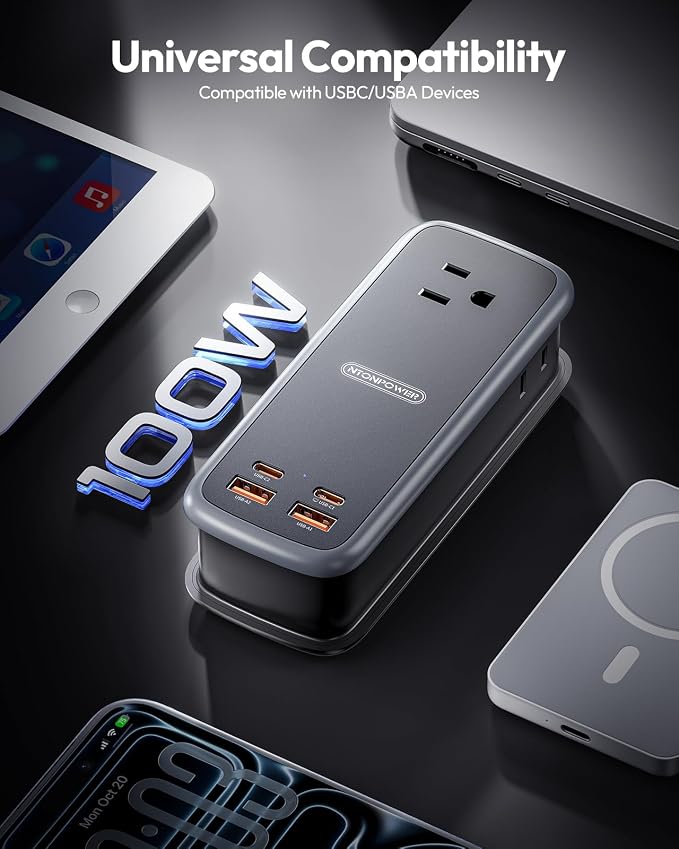 NTONPOWER 100W GAN Ultra Travel Power Strip, 7-in-1 USB C Charging Station with 3 Outlets 4 USB (2 Fast Charge)& 5FT Extension Cord, Compact Desktop Charger for MacBook, iPhone, Cruise, Office, Black
