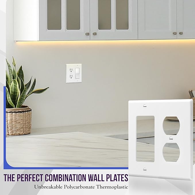 ENERLITES Combination Duplex Receptacle Outlet/Decorator Rocker Light Switch Wall Plate Cover, Standard Size 2-Gang 4.50" x 4.57", Polycarbonate Thermoplastic, UL Listed, 882131-W, White