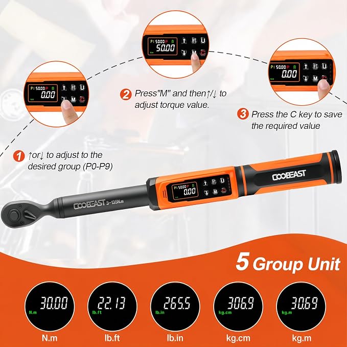 Digital Torque Wrench 3/8 Drive,Preset Value(1.5-99.5Ft-lbs./2-135 Nm) | Buzzer and LED Alert,±2% High Accuracy,72-Tooth, Quick Release,Reversible,Large Screen,for Bike Motorcycle,Gift for Men,DIY