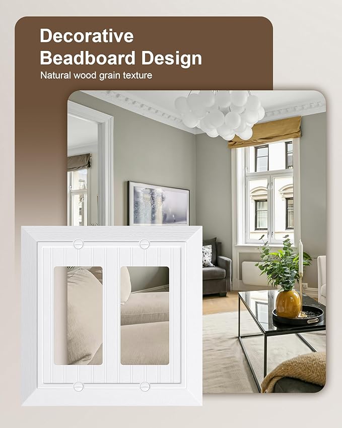 2-Pack Classic Beadboard Decorative Double Decorator Outlet Cover Plate, Pure White Unbreakable Polycarbonate Wall Plates for Electrical Outlets, Receptacle, GFCI Outlet, Dimmer Switch, 2-Gang