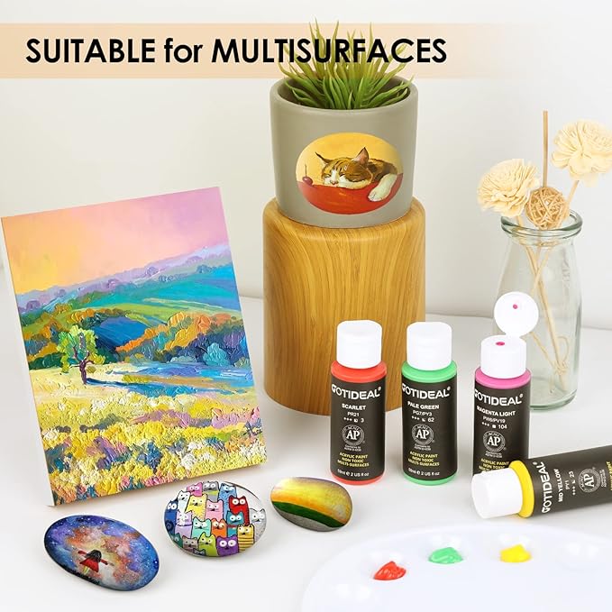 GOTIDEAL Acrylic Paint Set with 10 Brushes, 18 Colors Outdoor/Indoor (59ml, 2 oz) Art Craft Paint Non Toxic, Perfect for Hobby, Artist, Adults, Ideal for Canvas Wood Clay Ceramic Paint Supplies