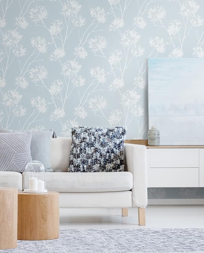 NextWall One O'Clocks Botanical Peel and Stick Wallpaper (Light Blue)