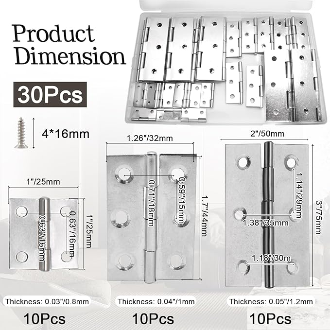 Luomorgo 30 Pack Mini Hinges Butt Hinges, Stainless Steel Cabinet Hinge, Small Folding Door Hinge for Wooden Box, Crafts (1 Inch, 2 Inch, 3 Inch)