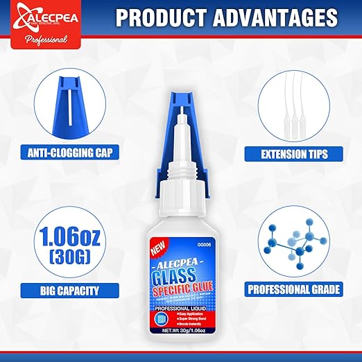 ALECPEA 30g Glass Glue - Crystal Clear Invisible Adhesive for Glass Repair, Jewelry & Art - Waterproof & Heat-Resistant Bond for Mirrors, Crystals & Glassware - Quick 15s Set with 3 Precision Tips