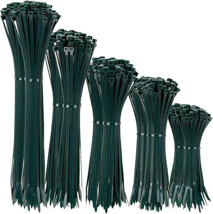 XINGO Garden Green Zip Ties Assorted Size 1500 Pack, 4+6+8+10+12 Inch, Self-Locking UV Resistant Nylon Cable Ties Perfect for Home, Office, Garden and Workshop