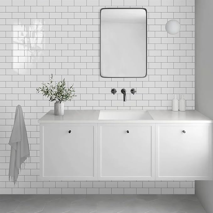 Vamos Tile Peel and Stick Backsplash Tile, 3''x6'' PVC Subway Tile, Stick on Backsplash for Kitchen/Bathroom/Fireplace,4-Piece Glossy Pure White with Dark Gray Grout