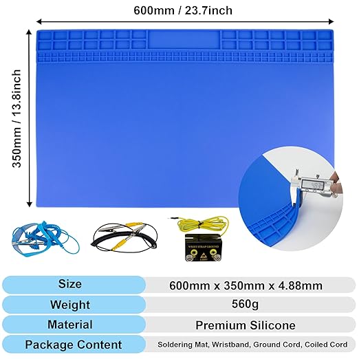 23.7'' x 13.8'' Large Soldering Mat with Wrist Strap 932°F Heat Resistant Extra Large Silicone Solder Mat Repair Workbench Mat for Electronic, Cellphone, Laptop Repair (Blue)