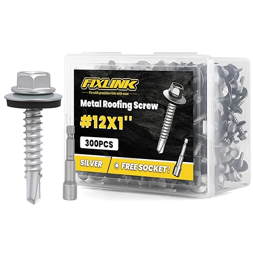 Metal Roofing Screws #12 × 1", 300 PCS, FIXLINK RUSPERT Hex Head Rubber Washer Sheet Metal Roof Screws Self Drilling Metal to Wood Siding Screws, Hex Socket Included, Silver