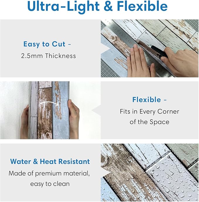 COMSTICKC Peel and Stick Faux Wood Wall Panels Shiplap Blue-Green, 10 Pcs of 12" x 12", Not Real Wood, Thin PVC 3D Fake Wood Self-Adhesive Wall Covering Wallpaper for Interior Farmhouse Decor