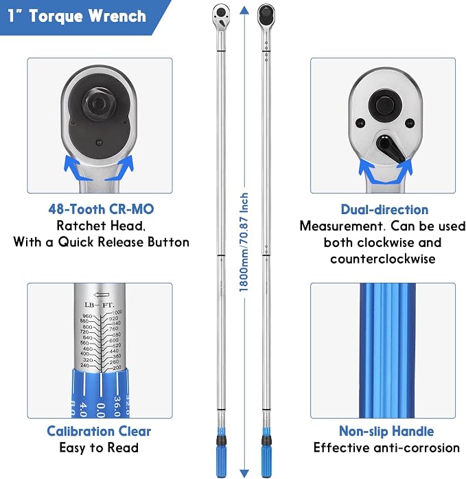 BULLTOOLS 1-Inch Drive Click Torque Wrench, Dual-Scale Adjustable Torque Wrench Set with a Hex Key 200-1000ft.lb / 271-1356.7Nm