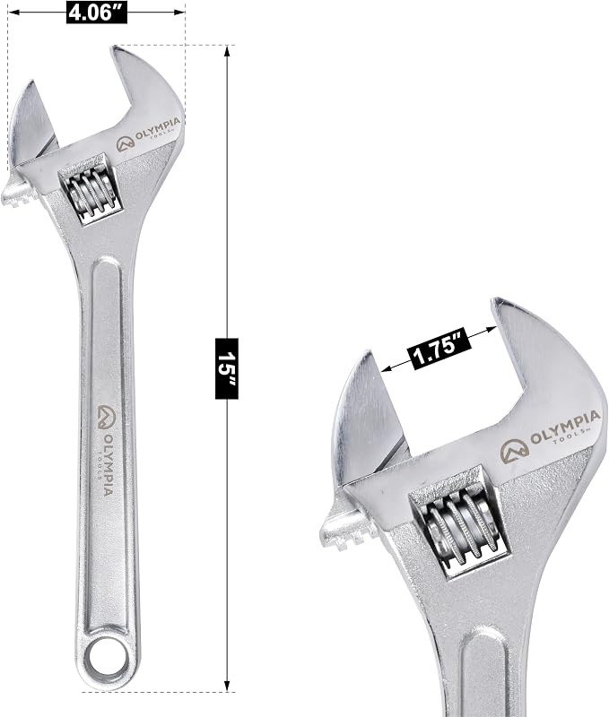 Olympia Tools 15" Adjustable Wrench, Heavy Duty Drop Forged Steel, Chrome Plated, Precision Machined Jaws, Rust Resistant