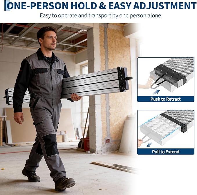Garvee Aluminum Work Plank with Anti-Slip Texture, 9-15 ft Telescoping Plank, 440 Lb Capacity Heavy-Duty Scaffolding Platform, Portable Ladder Accessory for Indoor & Outdoor Work