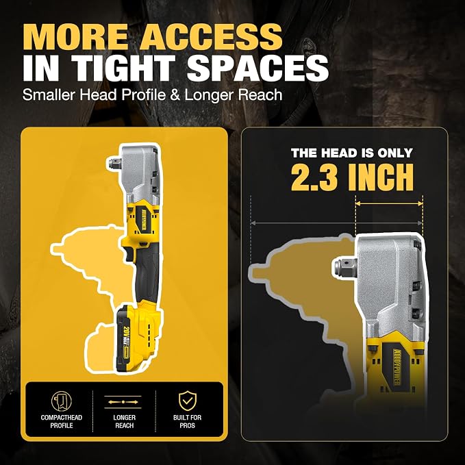20V Brushless Right Angle Impact Wrench, 1/2", 207 FT-LBS | Slim 90°head, 2 batteries,2-speed control,LED light, for Tight Spaces, Automotive Repair, Engine Bay & Machinery Maintenance